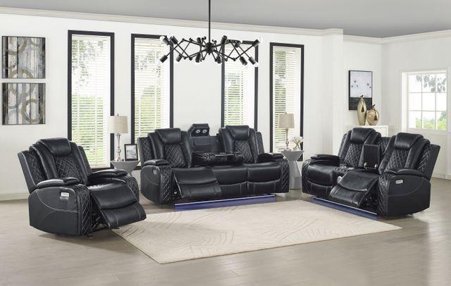 Marion Black PU Fabric Dual Reclining Sofa with drop down tray and charging station